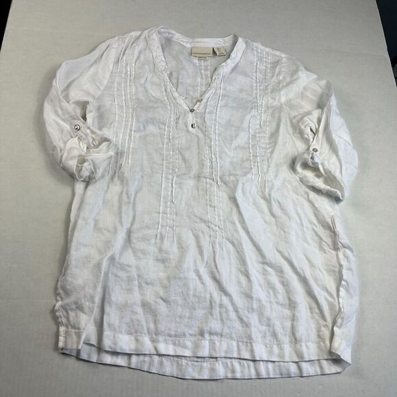 Cynthia Rowley Linen Tunic White 3/4 Sleeve Roll Tab Shirt Breathable Top LARGE